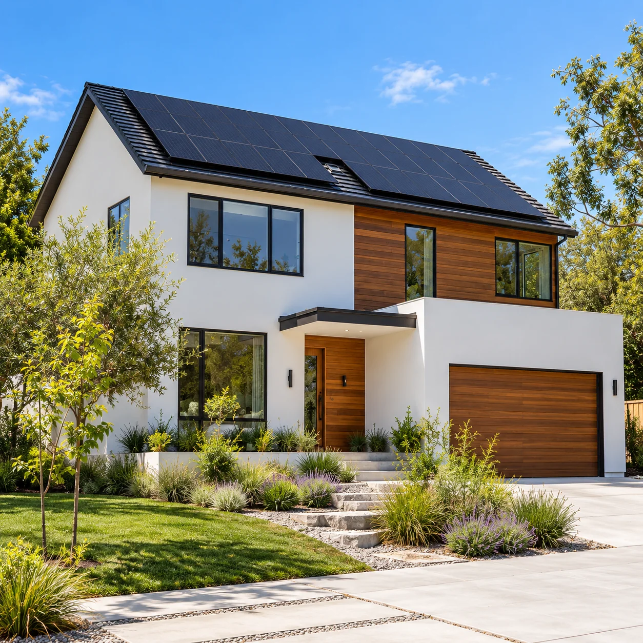 Architectural illustration of a modern home with rooftop solar panels